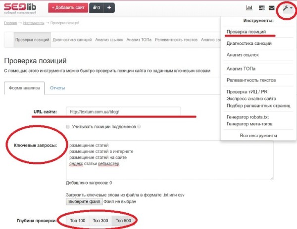 Проверка позиций сайта на SEOlib