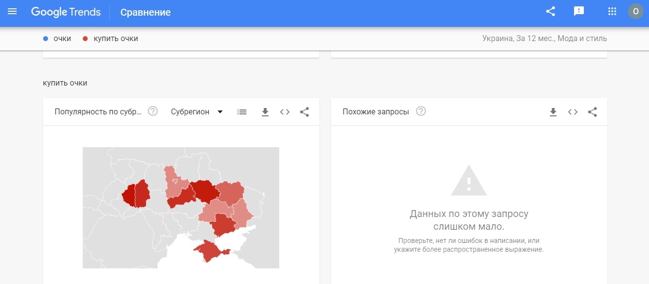 Географическая статистика трендовости запроса «купить очки» в онлайн-сервисе Google Trends