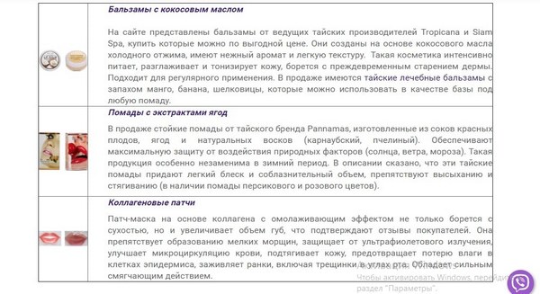 Описание ассортимента